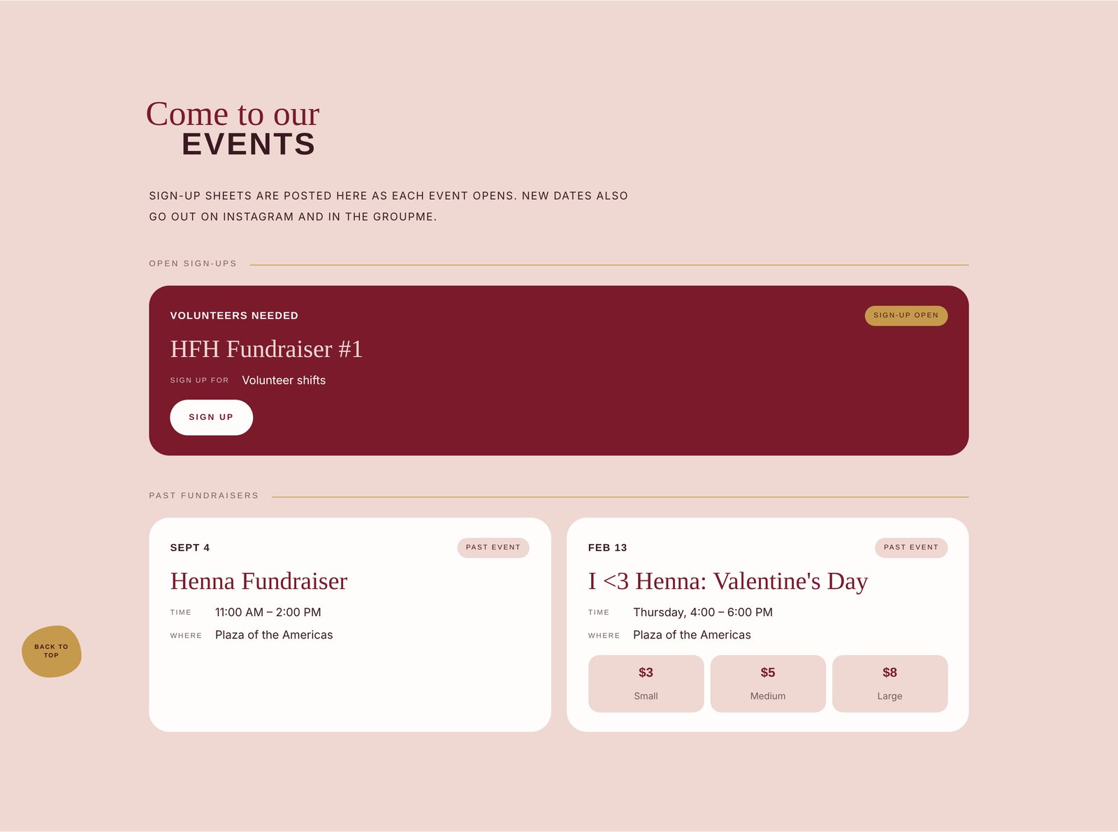 Events section with an open volunteer sign-up and past fundraisers